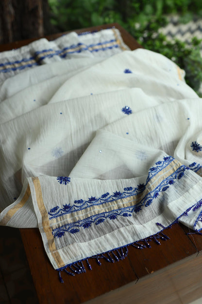 Indigo White Mal Chanderi Silk Chikankari A Line Unstitched Fabric