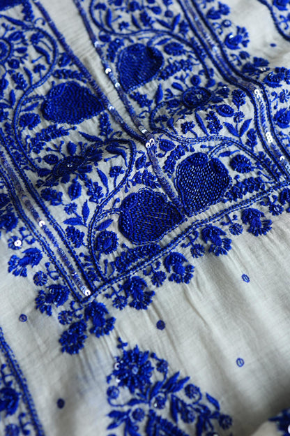 Indigo White Mal Chanderi Silk Chikankari Unstitched Fabric