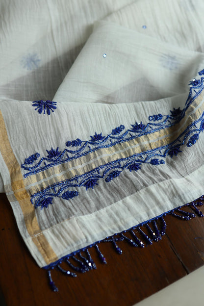 Indigo White Mal Chanderi Silk Chikankari A Line Unstitched Fabric