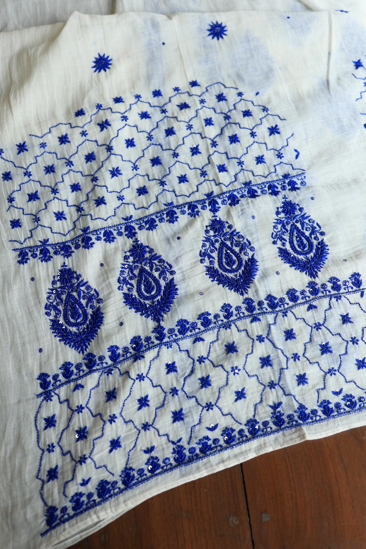 Indigo White Mal Chanderi Silk Chikankari Unstitched Fabric