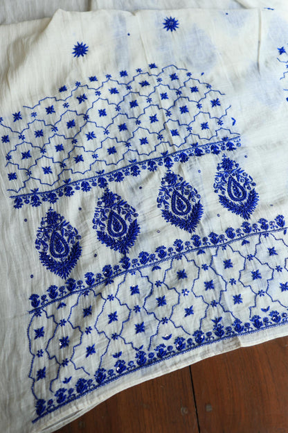 Indigo White Mal Chanderi Silk Chikankari Unstitched Fabric