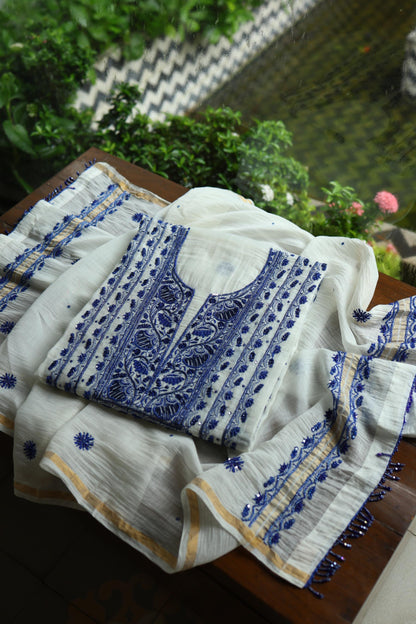 Indigo White Mal Chanderi Silk Chikankari A Line Unstitched Fabric