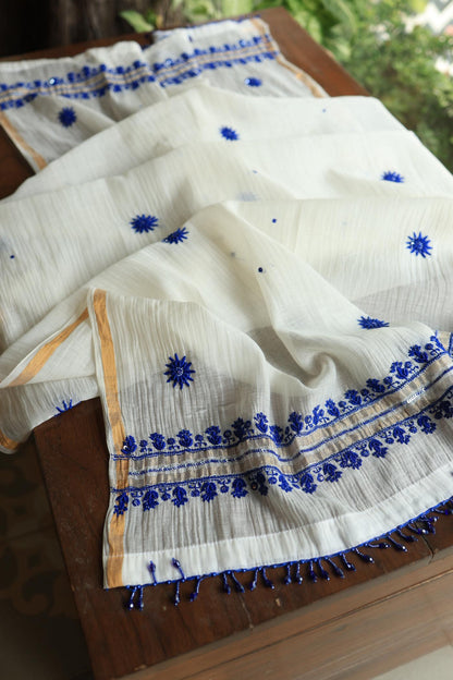 Indigo White Mal Chanderi Silk Chikankari Unstitched Fabric