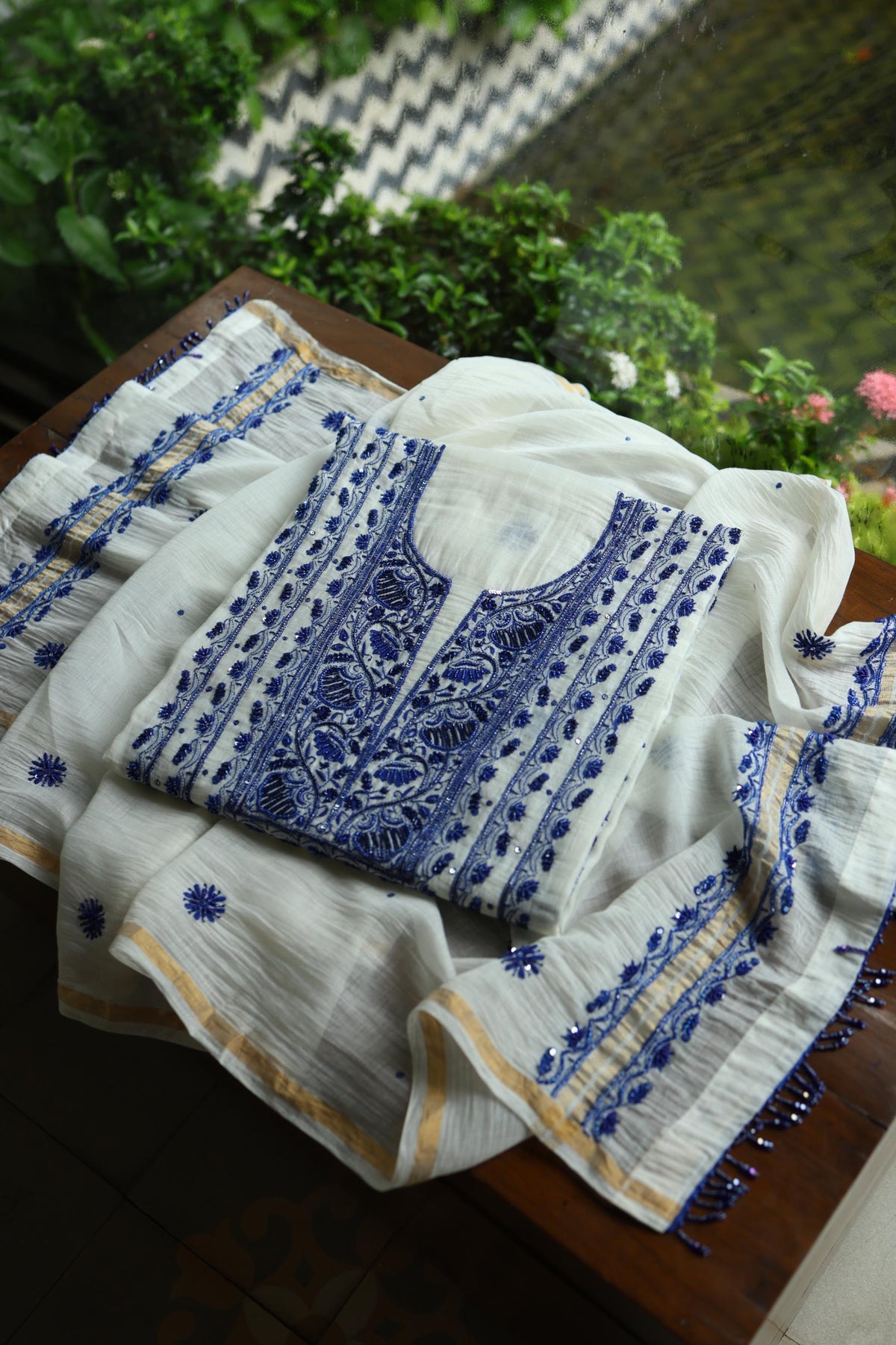 Indigo White Mal Chanderi Silk Chikankari A Line Unstitched Fabric