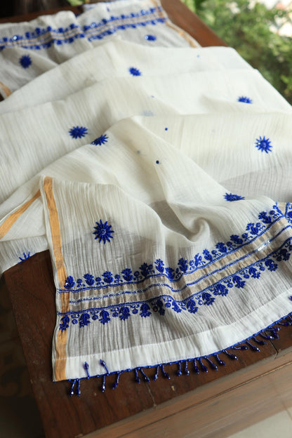 Indigo White Mal Chanderi Silk Chikankari Unstitched Fabric