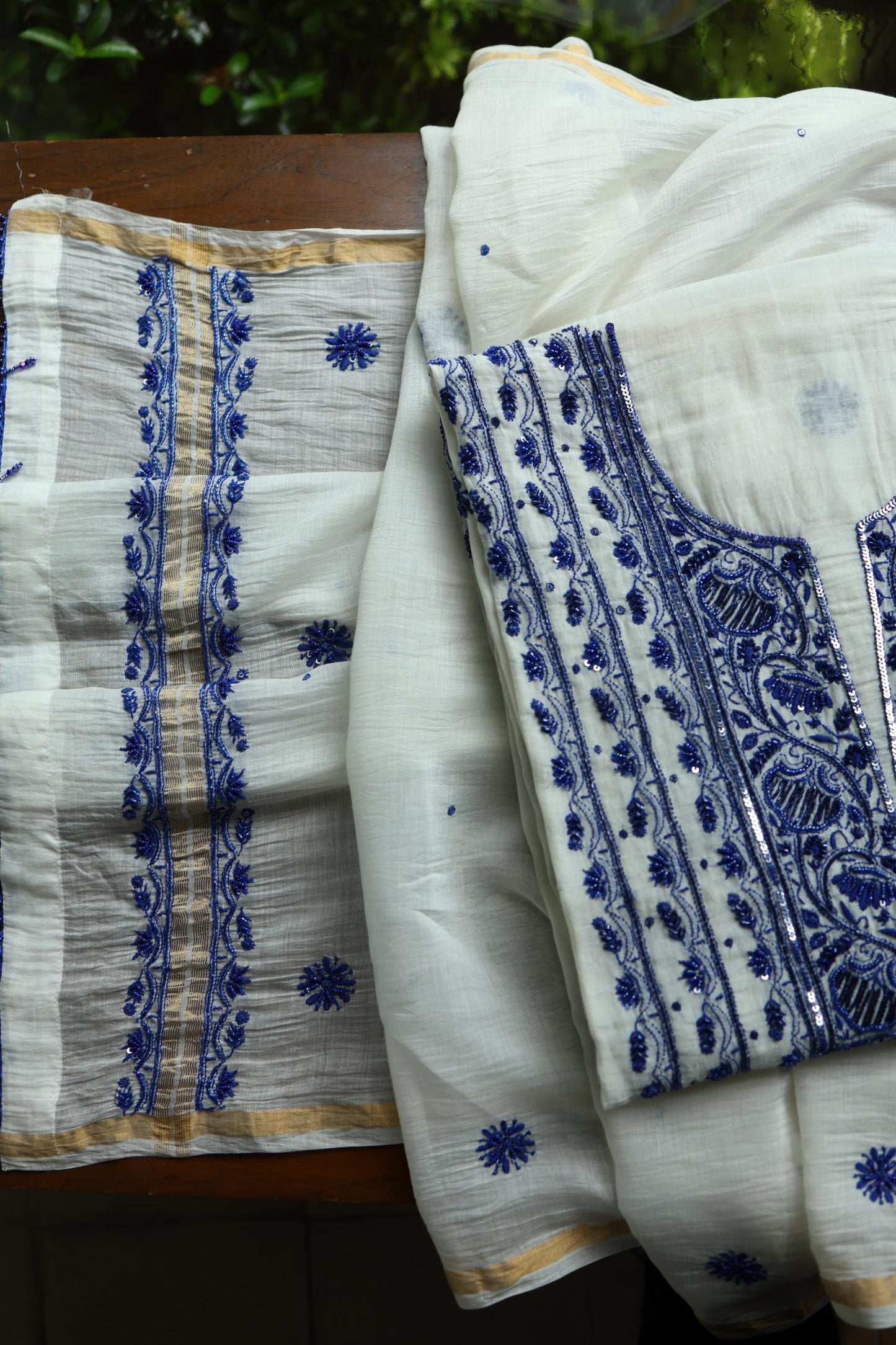 Indigo White Mal Chanderi Silk Chikankari A Line Unstitched Fabric