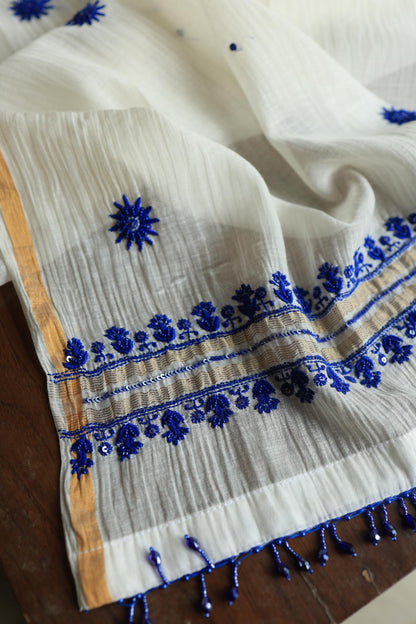 Indigo White Mal Chanderi Silk Chikankari Unstitched Fabric