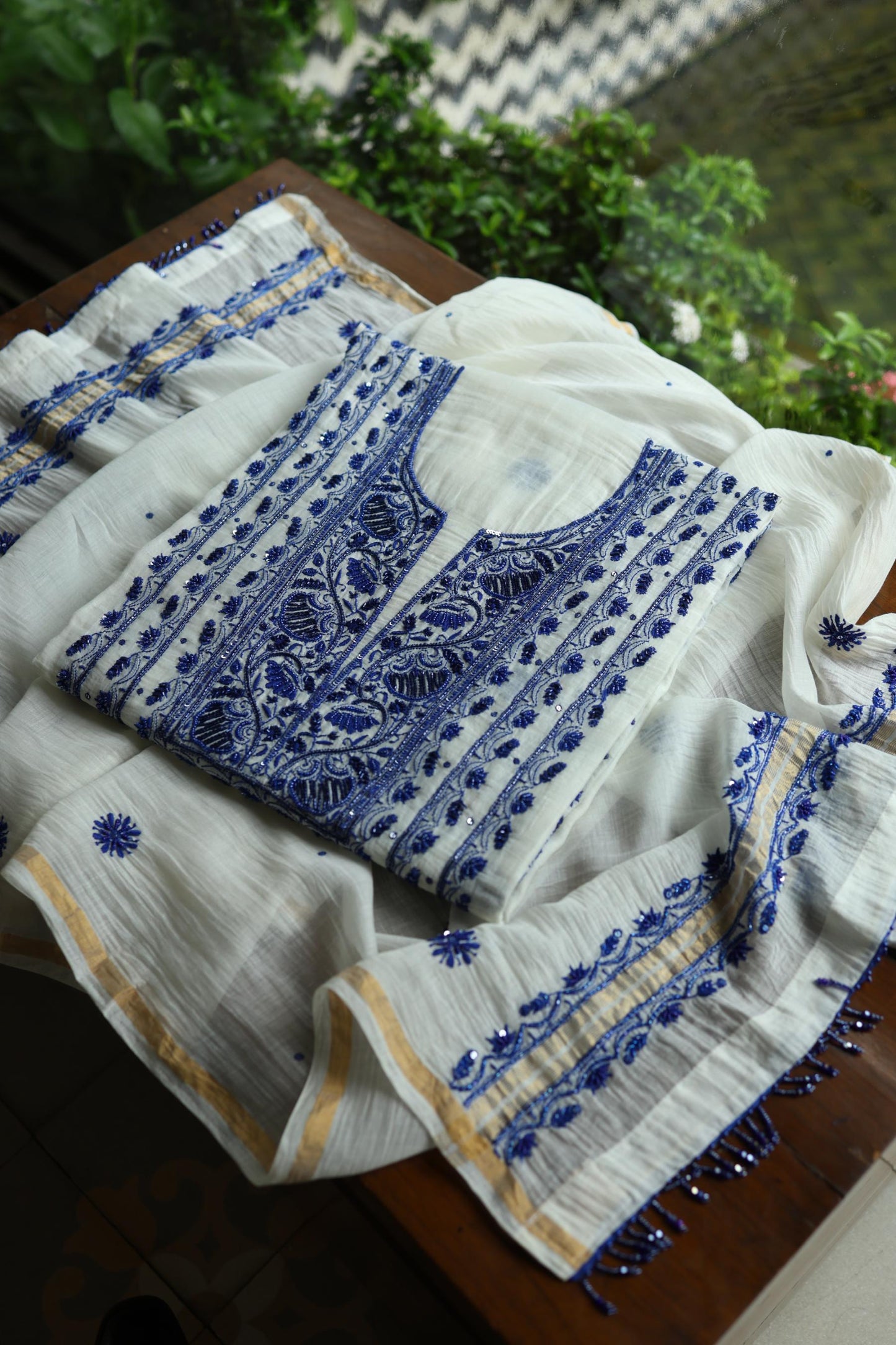 Indigo White Mal Chanderi Silk Chikankari A Line Unstitched Fabric
