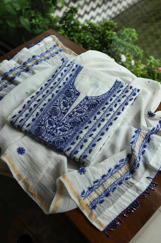Indigo White Mal Chanderi Silk Chikankari A Line Unstitched Fabric