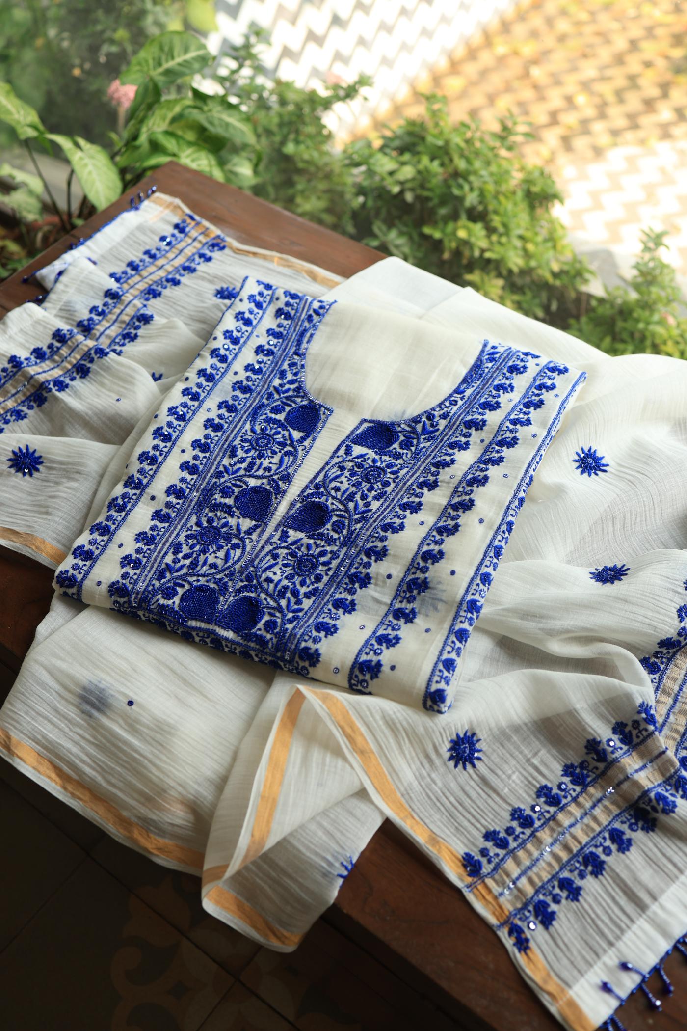 Indigo White Mal Chanderi Silk Chikankari Unstitched Fabric