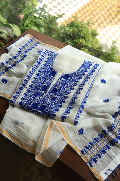 Indigo White Mal Chanderi Silk Chikankari Unstitched Fabric