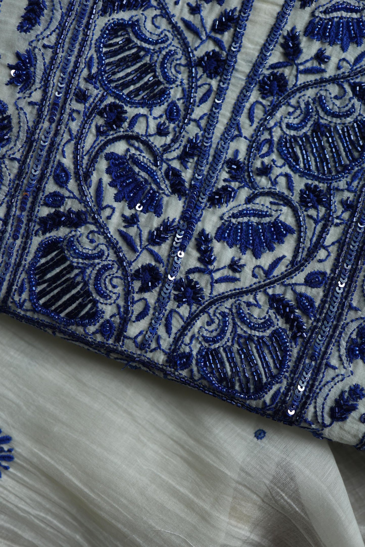 Indigo White Mal Chanderi Silk Chikankari A Line Unstitched Fabric