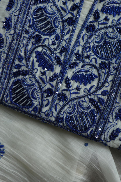 Indigo White Mal Chanderi Silk Chikankari A Line Unstitched Fabric