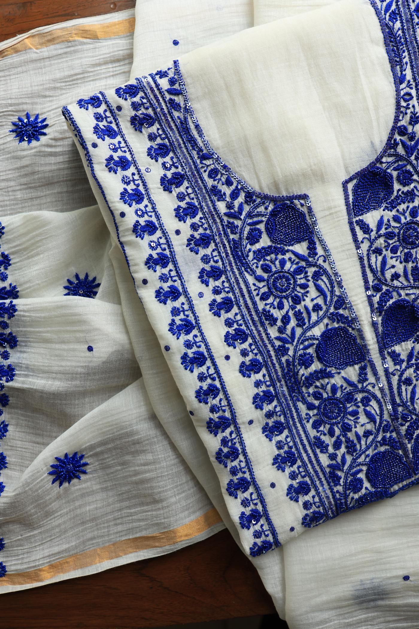 Indigo White Mal Chanderi Silk Chikankari Unstitched Fabric