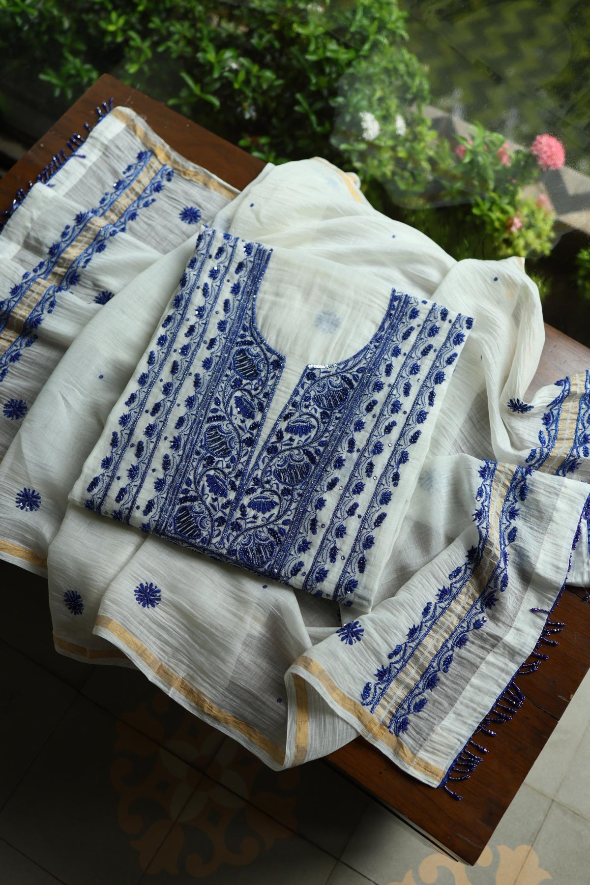 Indigo White Mal Chanderi Silk Chikankari A Line Unstitched Fabric
