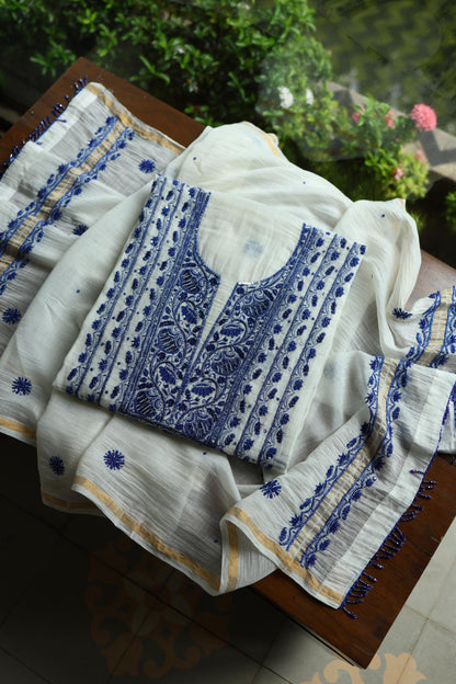Indigo White Mal Chanderi Silk Chikankari A Line Unstitched Fabric