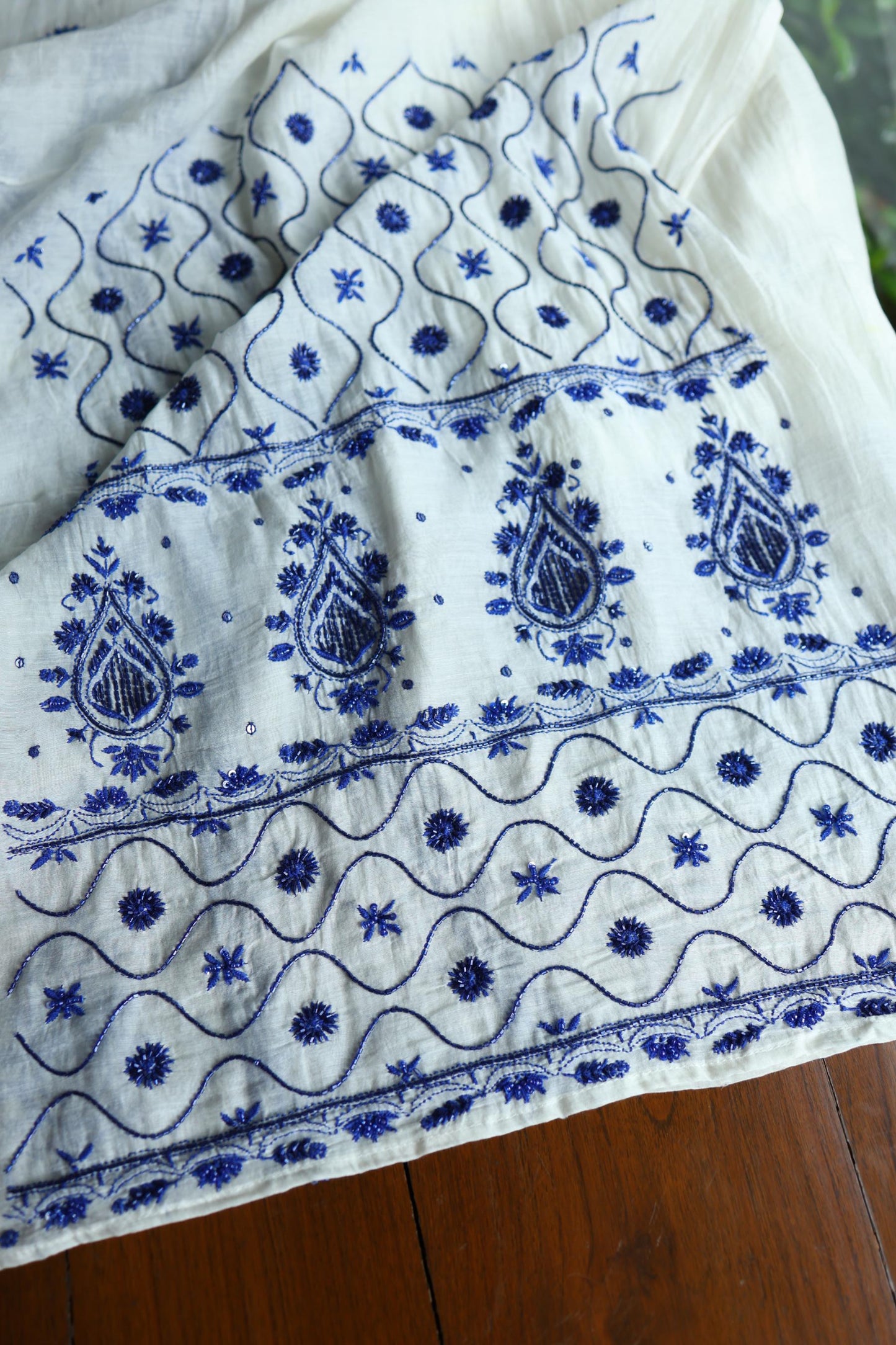 Indigo White Mal Chanderi Silk Chikankari A Line Unstitched Fabric