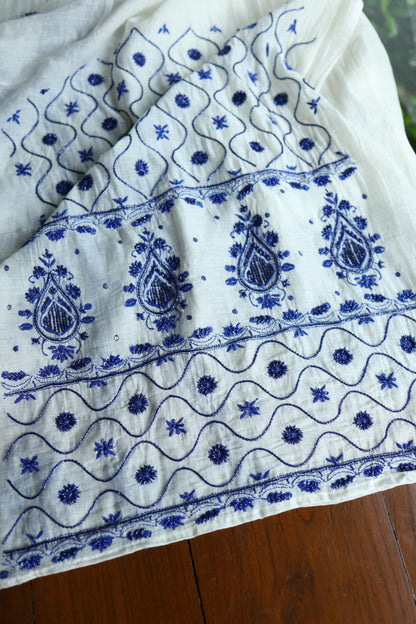 Indigo White Mal Chanderi Silk Chikankari A Line Unstitched Fabric
