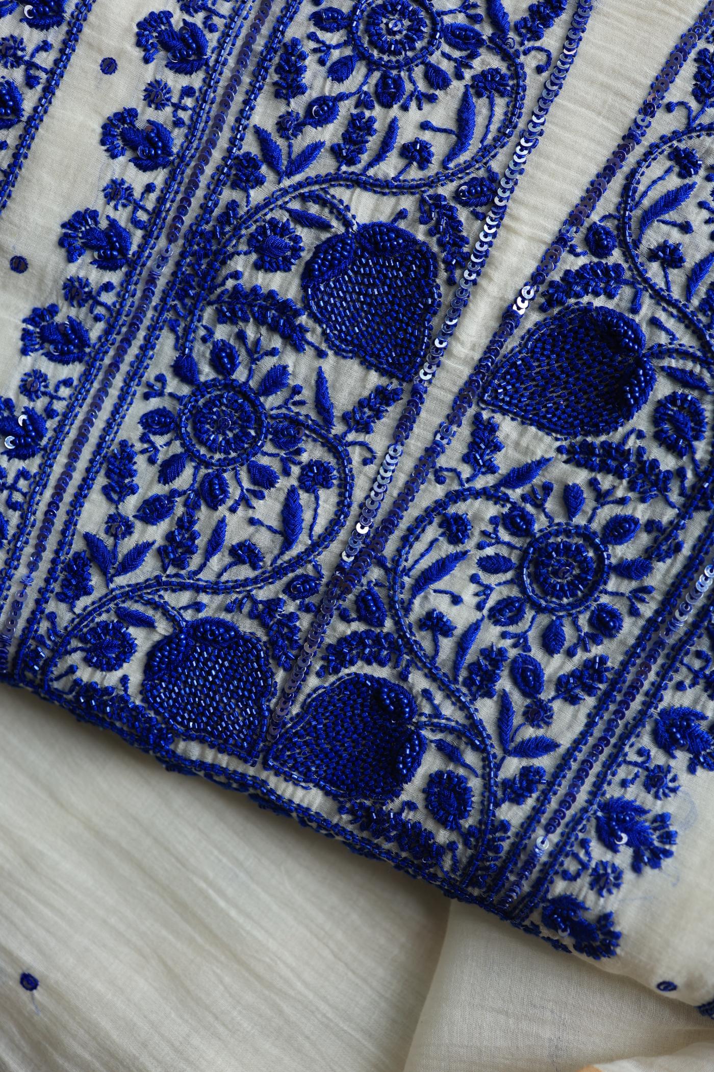 Indigo White Mal Chanderi Silk Chikankari Unstitched Fabric