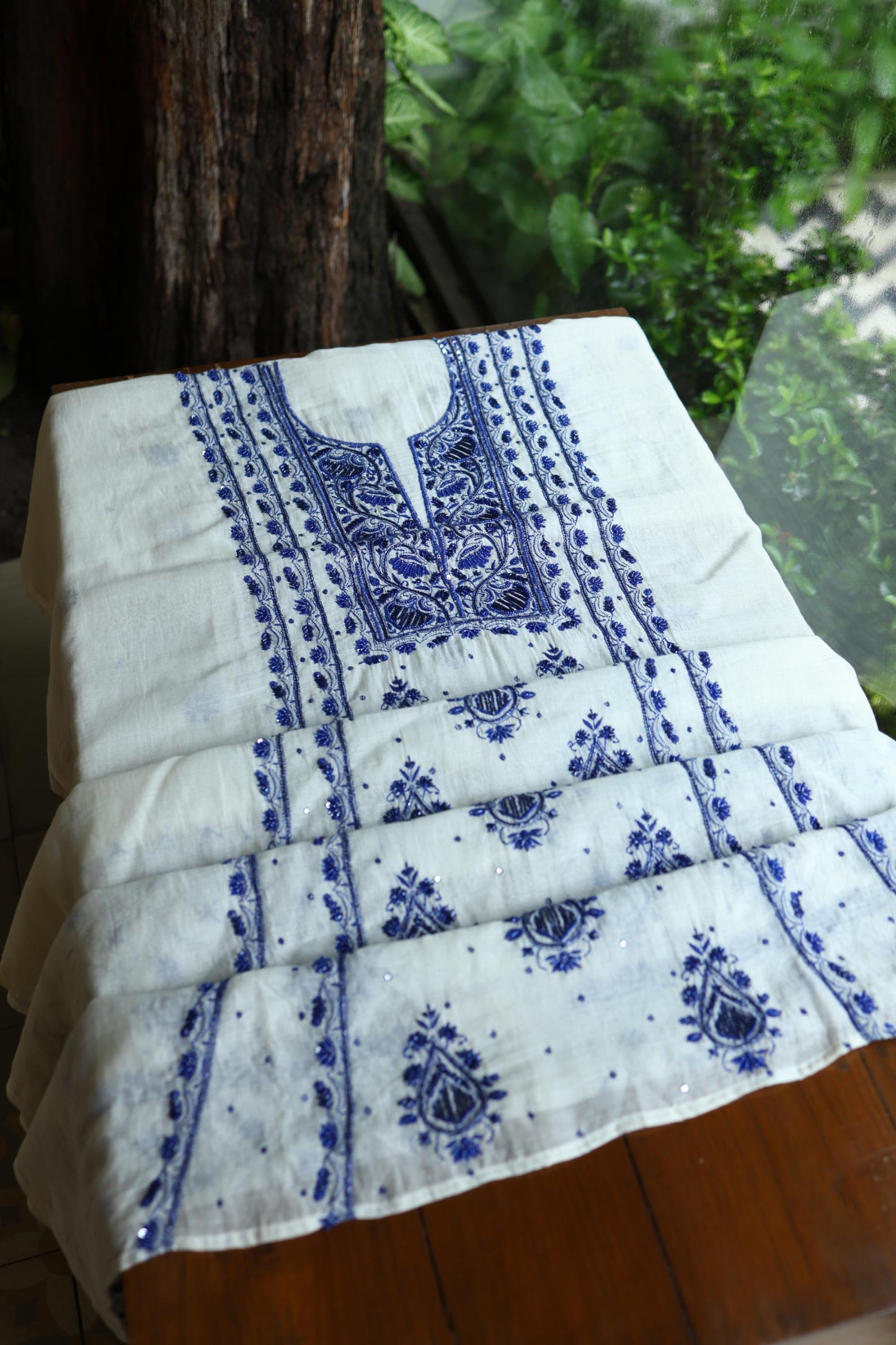 Indigo White Mal Chanderi Silk Chikankari A Line Unstitched Fabric
