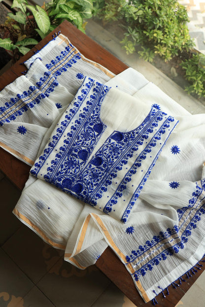 Indigo White Mal Chanderi Silk Chikankari Unstitched Fabric