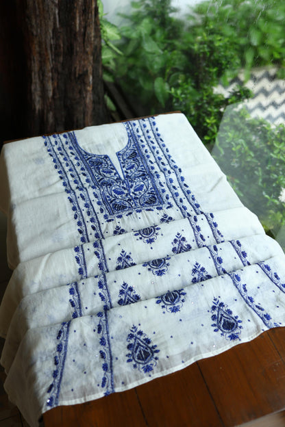 Indigo White Mal Chanderi Silk Chikankari A Line Unstitched Fabric