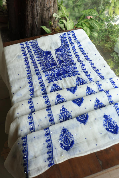Indigo White Mal Chanderi Silk Chikankari Unstitched Fabric