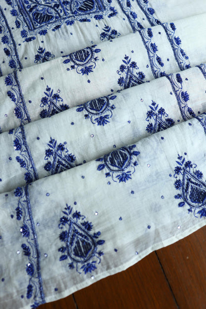Indigo White Mal Chanderi Silk Chikankari A Line Unstitched Fabric