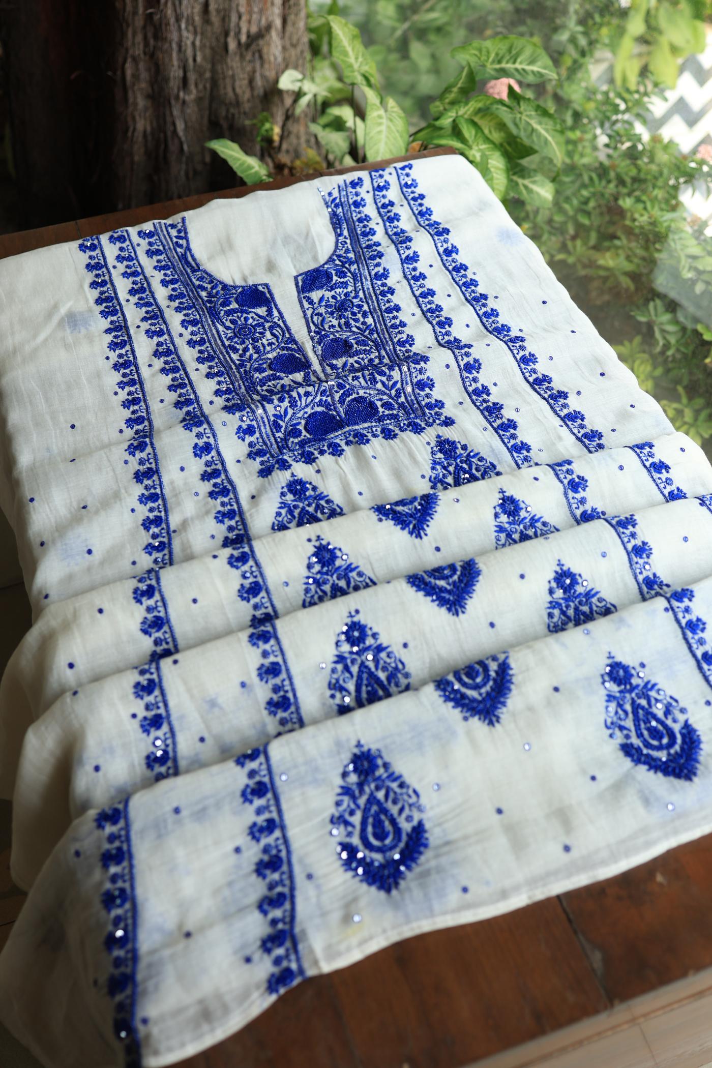 Indigo White Mal Chanderi Silk Chikankari Unstitched Fabric