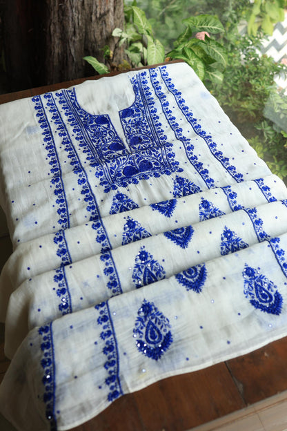 Indigo White Mal Chanderi Silk Chikankari Unstitched Fabric