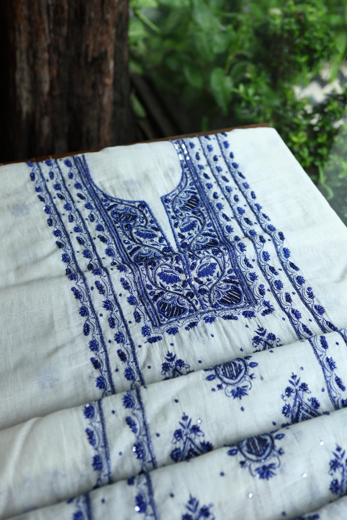 Indigo White Mal Chanderi Silk Chikankari A Line Unstitched Fabric