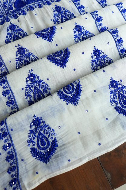 Indigo White Mal Chanderi Silk Chikankari Unstitched Fabric
