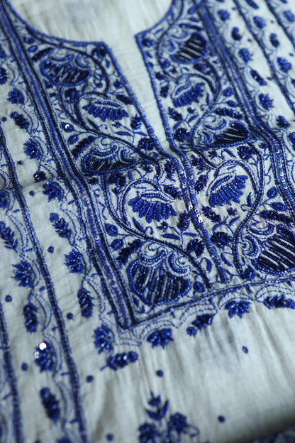 Indigo White Mal Chanderi Silk Chikankari A Line Unstitched Fabric