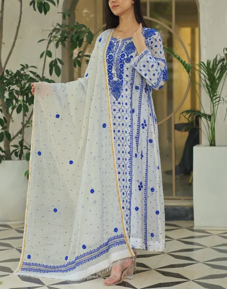 Indigo White Malmal Pearl Work Chikankari A Line Kalidar Kurta With Dupatta