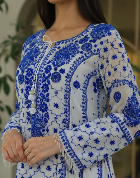 Indigo White Malmal Pearl Work Chikankari A Line Kalidar Kurta With Dupatta