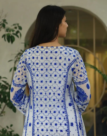 Indigo White Malmal Pearl Work Chikankari A Line Kalidar Kurta With Dupatta