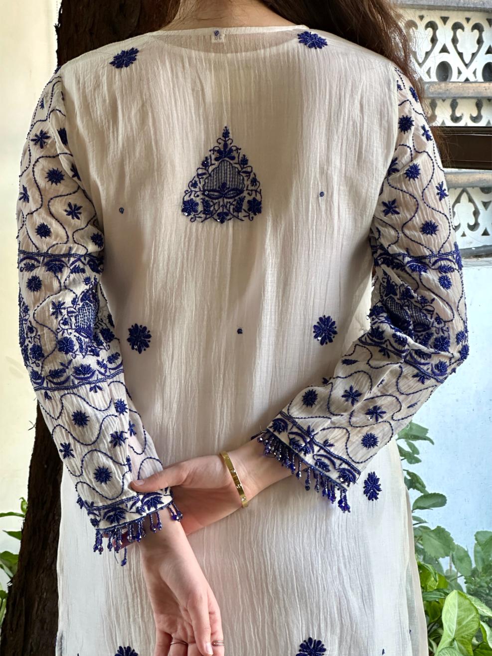 Indigo White Malmal Pearl Work Chikankari Kurta With Dupatta