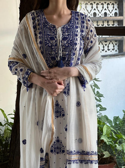 Indigo White Malmal Pearl Work Chikankari Kurta With Dupatta