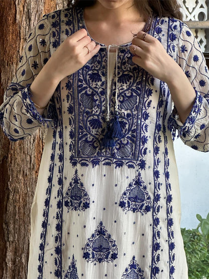 Indigo White Malmal Pearl Work Chikankari Kurta With Dupatta