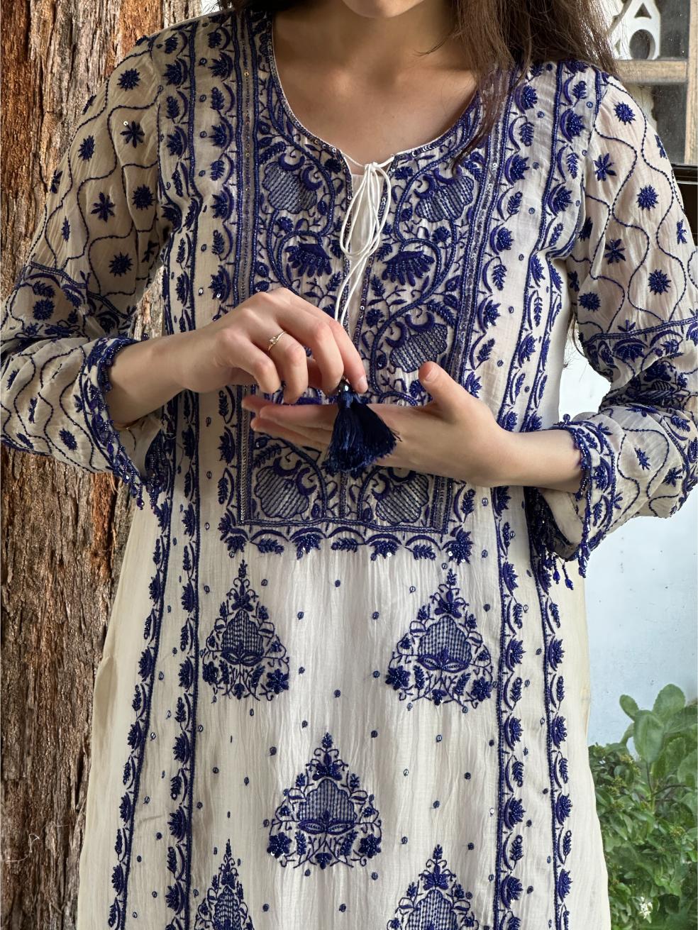 Indigo White Malmal Pearl Work Chikankari Kurta With Dupatta