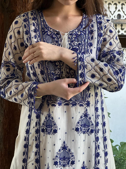 Indigo White Malmal Pearl Work Chikankari Kurta With Dupatta
