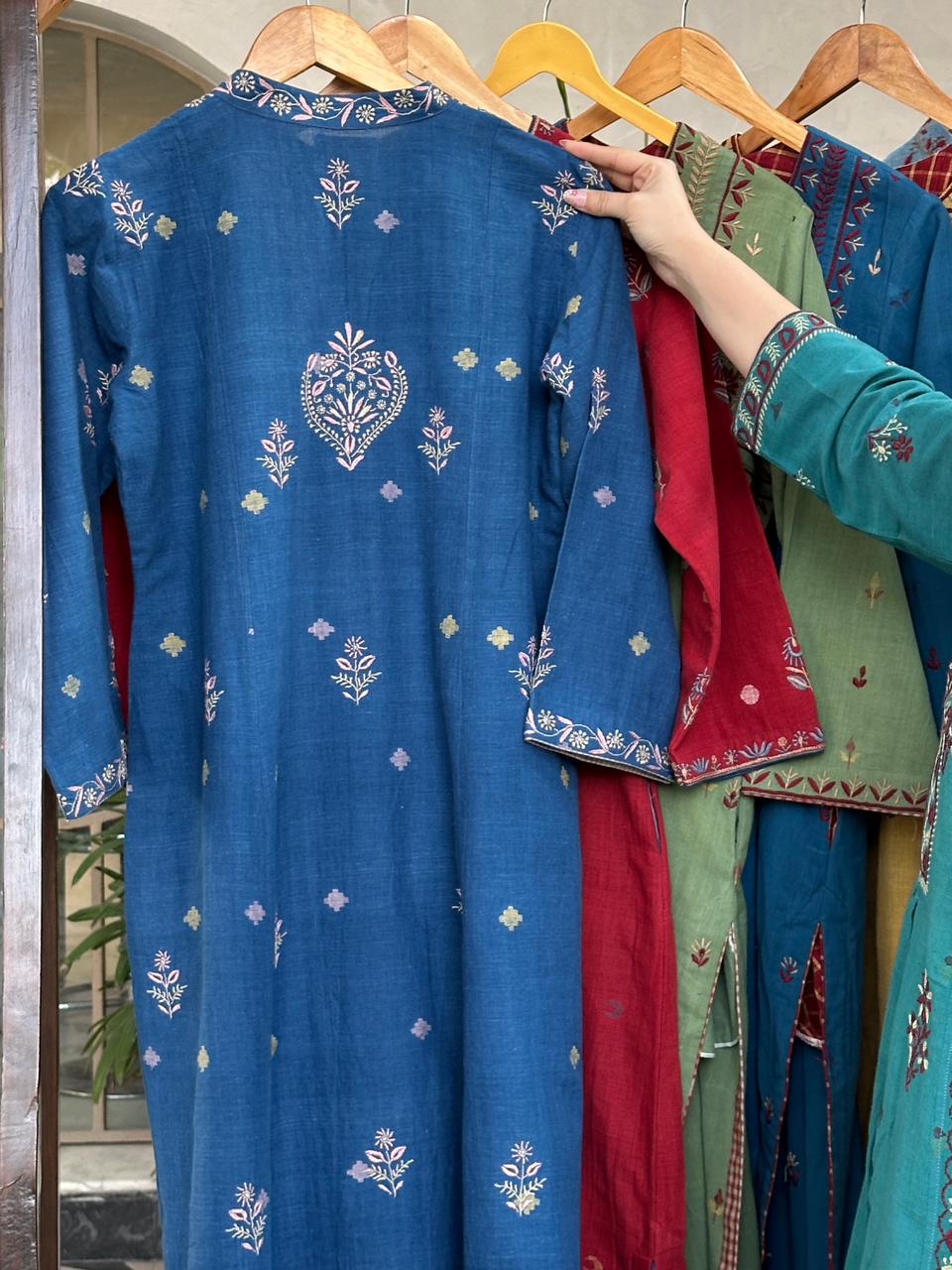 Indigo Handspun Malkha Chikankari Tunic with Curved Hem