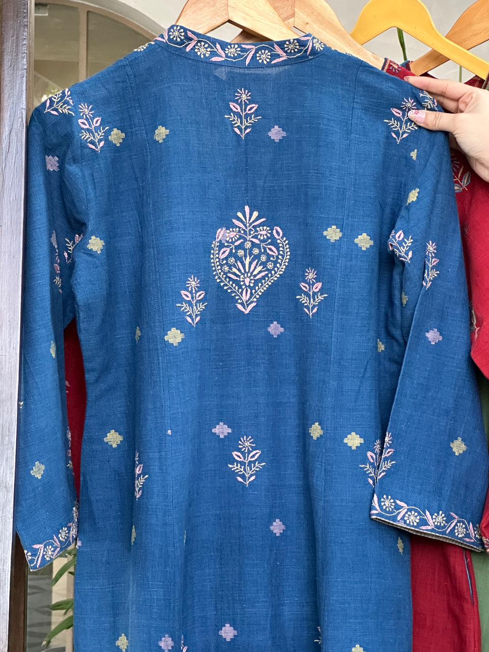 Indigo Handspun Malkha Chikankari Tunic with Curved Hem