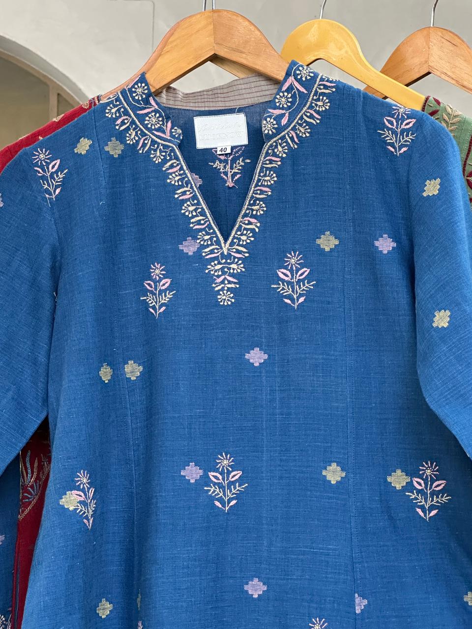 Indigo Handspun Malkha Chikankari Tunic with Curved Hem
