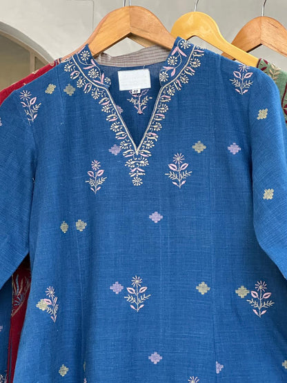 Indigo Handspun Malkha Chikankari Tunic with Curved Hem