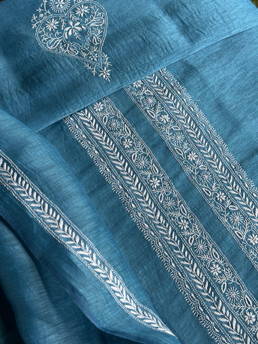 Blue Shade Linen Chikankari Unstitched Men's Kurtas Fabric