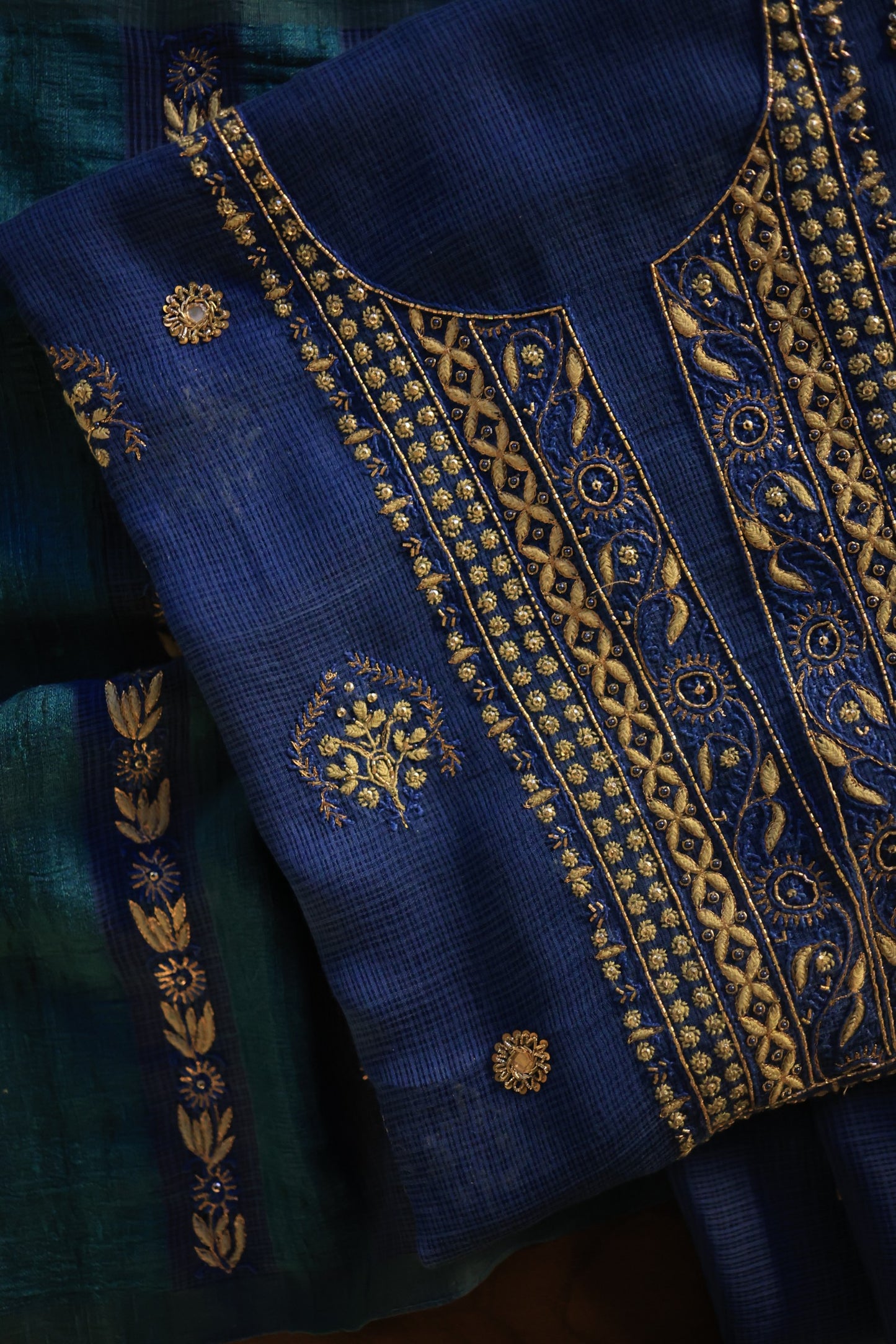 Ink Blue Handloom Kota Chikankari With Mirror Work Unstitched Kurta Dupatta Set