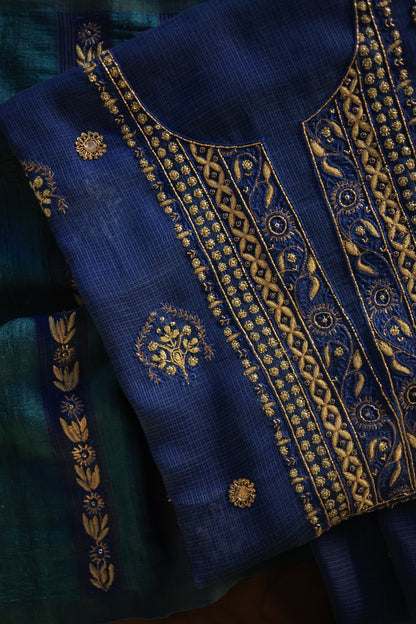Ink Blue Handloom Kota Chikankari With Mirror Work Unstitched Kurta Dupatta Set
