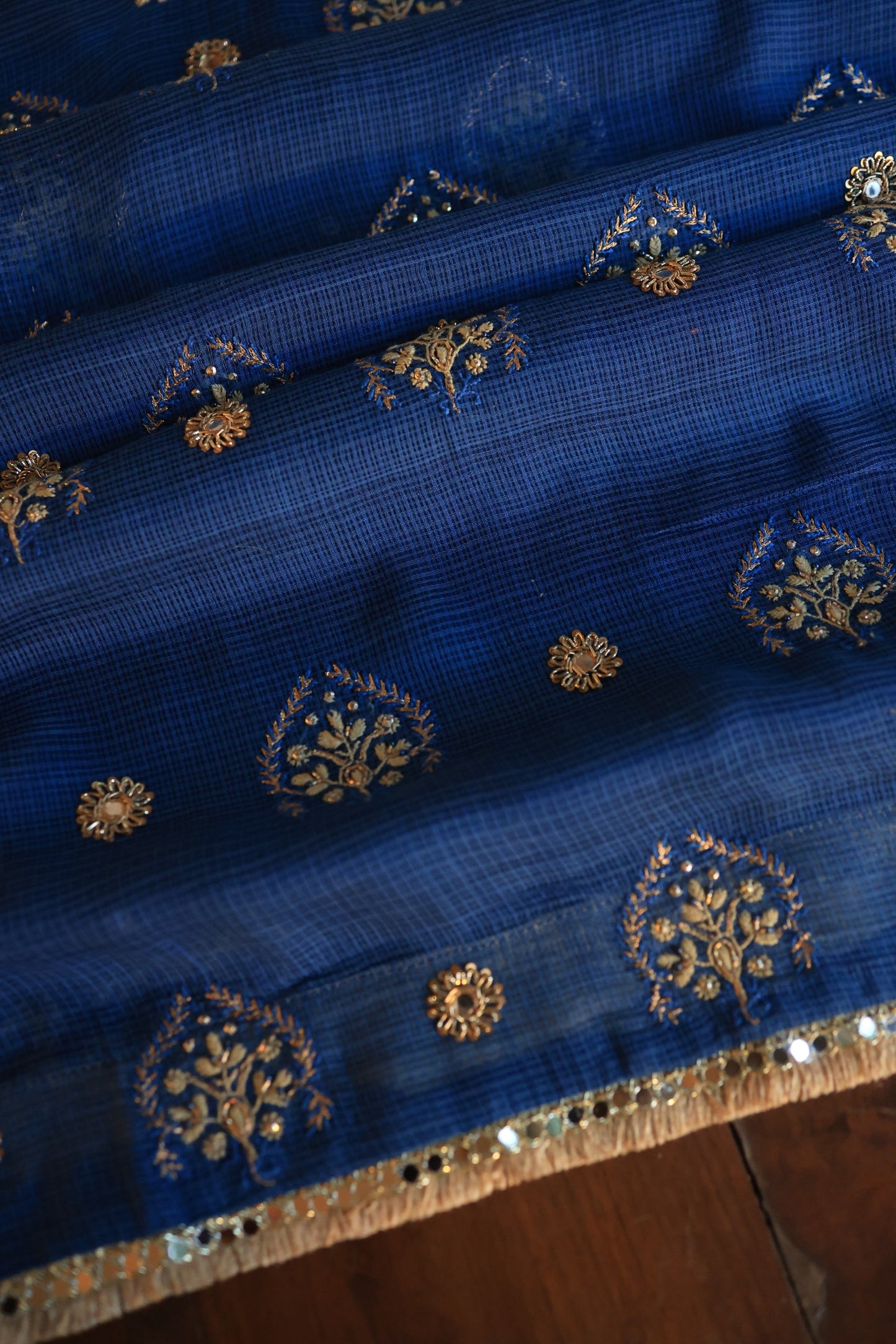 Ink Blue Handloom Kota Chikankari With Mirror Work Unstitched Kurta Dupatta Set