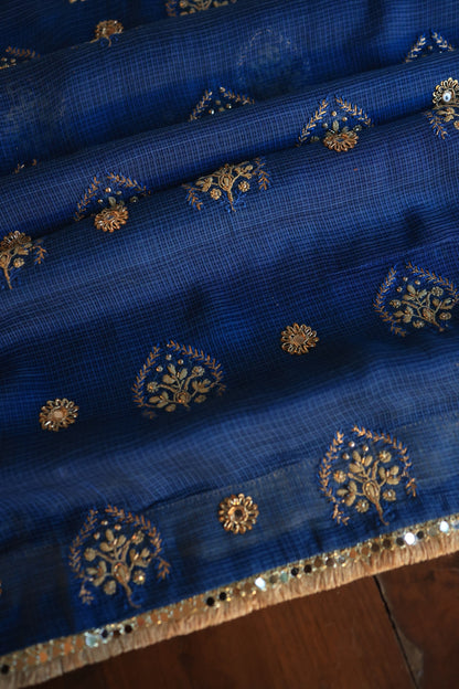 Ink Blue Handloom Kota Chikankari With Mirror Work Unstitched Kurta Dupatta Set